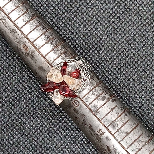 Handmade white metal ring with quartz and garnet semi-precious stones