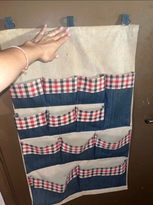 Hanging Fabric Organizer like new with denim and checkered details