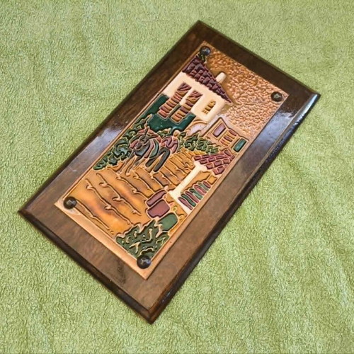 Aethra Art Vintage Decorative Plaque Enamel Copper Wood like new