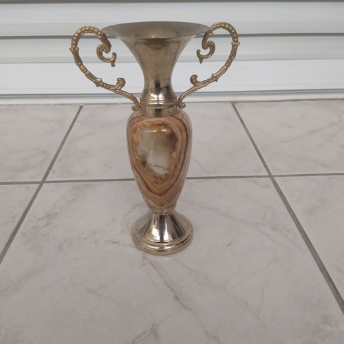 Decorative vintage amphora from onyx and brass like new, 23cm