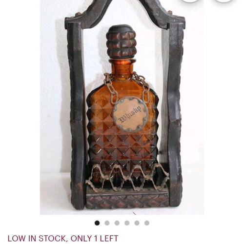 Old Spanish Amber Whiskey Bottle Liquor Decanter with Wooden Holder like new