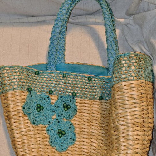 Summer straw handbag like new with blue handmade details