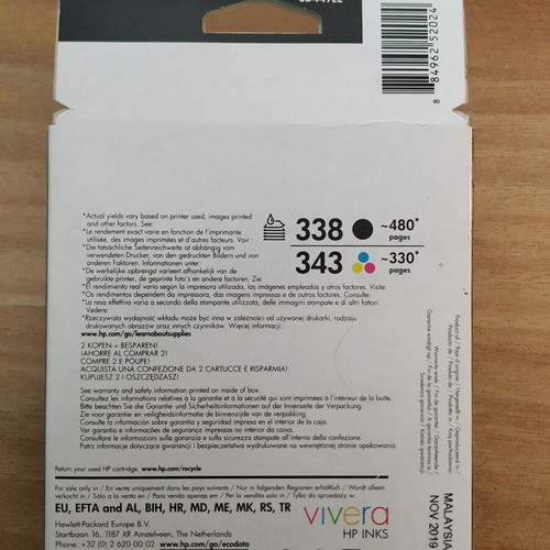 HP 338 Black and 343 Colour Ink Combo Pack new