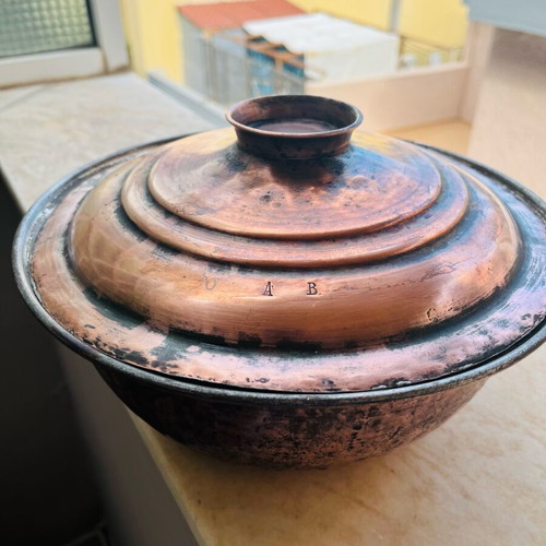 Antique copper pot with lid and monograms used, circa 1900