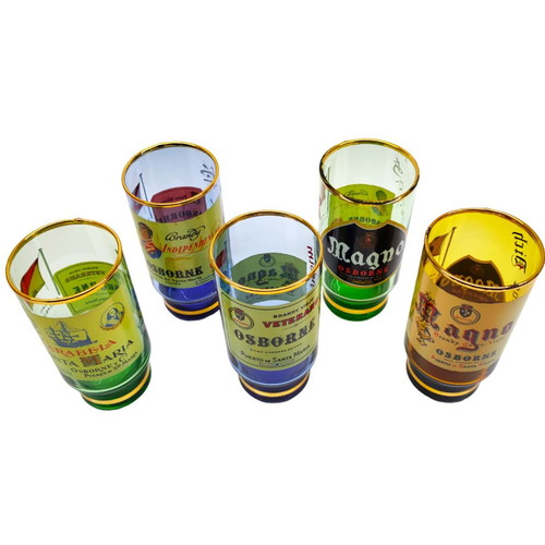 Set of 5 Osborne Veterano Brandy Viejo cognac/vermouth glasses used, vintage 1960
