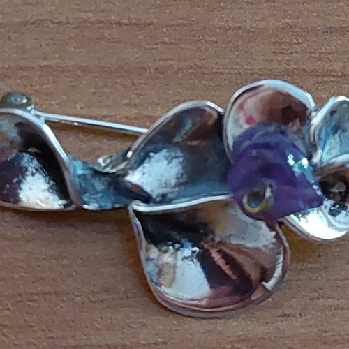 Silver brooch handmade oxidized with amethyst stone
