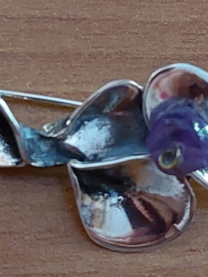 Silver brooch handmade oxidized with amethyst stone