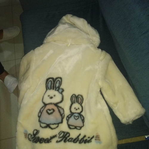 Children's fur coat used with detachable hood, cream with bunnies, age 3-4