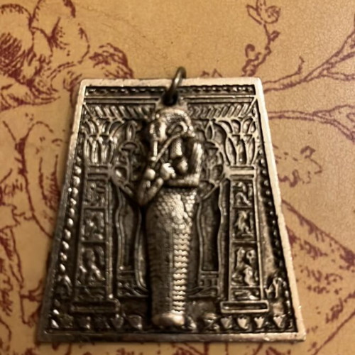 Egyptian metal pendant used, silver tone, 4x5 cm