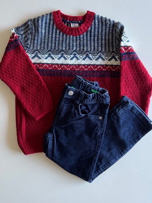 Set of blue corduroy pants and red sweater for 5-year-old boy used