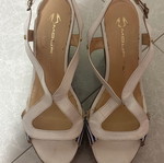 Mourtzi platform sandals, leather with white and blue striped fabric, size 38