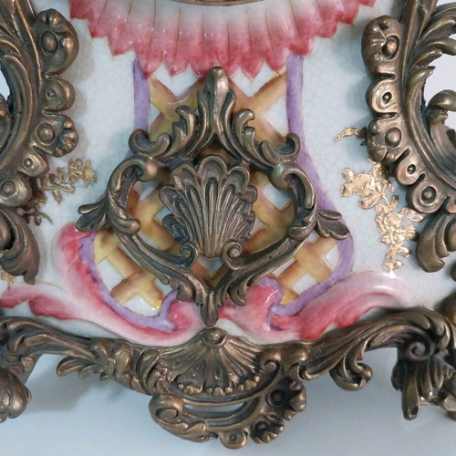 Heavy Bronze Baroque Style Table Clock with Porcelain