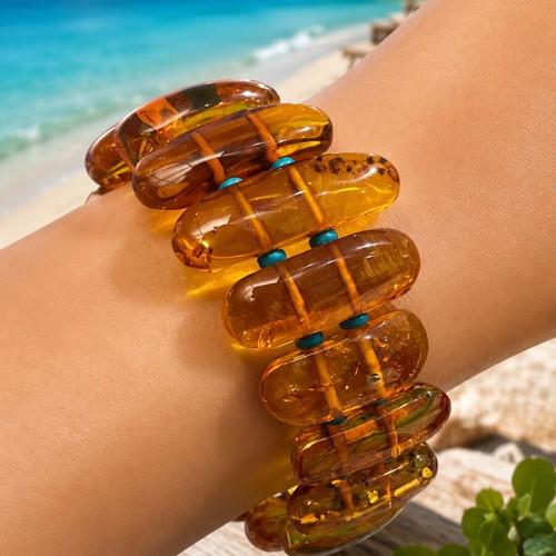 Large Amber Bracelet with Turquoise, Natural Baltic Amber