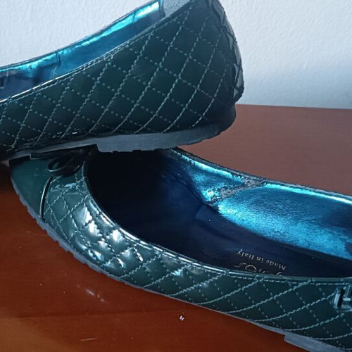 Blu Byblos No 38 ballerinas used, dark green quilted patent leather