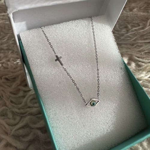 Ozze silver necklace with blue eye and cross, new