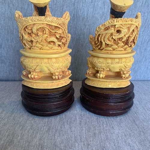 Asian emperor and empress figurines used, polyresin on wooden bases