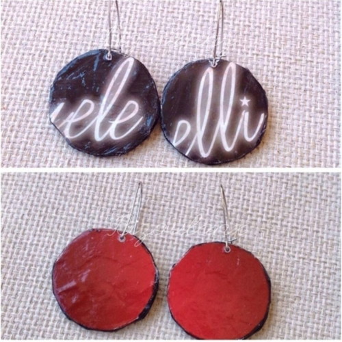 Double-sided earrings handmade from recycled paper in red and black
