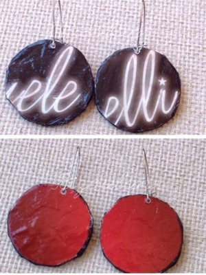 Double-sided earrings handmade from recycled paper in red and black