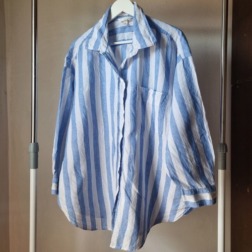 Γυναικεία λινή πουκάμισο H&M XL μεταχειρισμένο, λευκό και μπλε