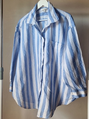 Γυναικεία λινή πουκάμισο H&M XL μεταχειρισμένο, λευκό και μπλε