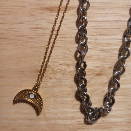 Double necklace new with gold crescent and steel chain