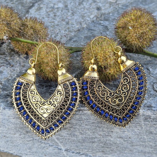 Bohemian ethnic style carved heart earrings blue and gold, new