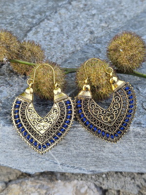 Bohemian ethnic style carved heart earrings blue and gold, new