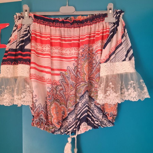 BSB Boho Off-Shoulder Blouse with Lace and Tassels, Like New, Size M