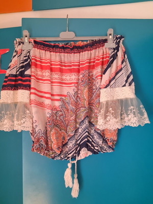 BSB Boho Off-Shoulder Blouse with Lace and Tassels, Like New, Size M