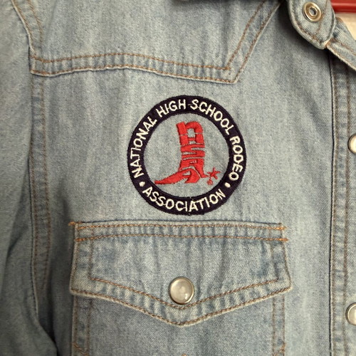 Wrangler denim shirt used with patches, blue and pink
