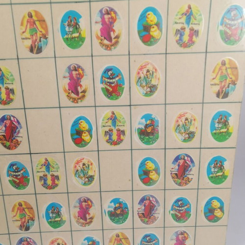 Greek cardboard sign with Easter decals used