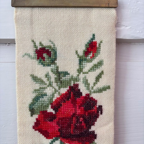 Vintage panel with hand-embroidered roses like new