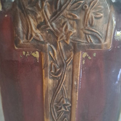 Vintage ceramic vase Art Nouveau style, burgundy with gold details