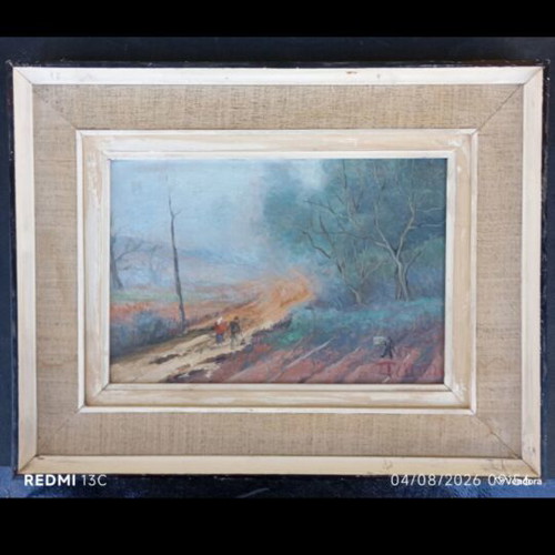 Oil painting used, provincial landscape with figures by D. Bouki