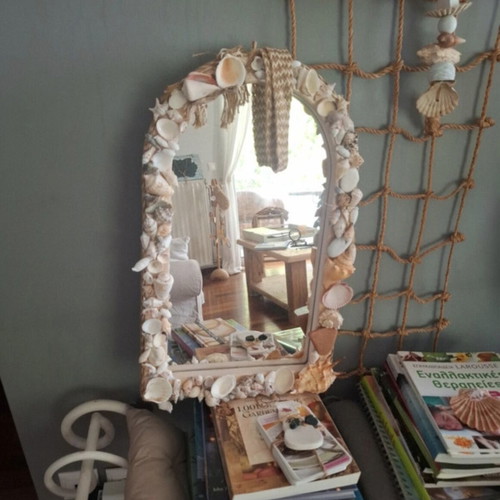 Mirror with seashells handmade, solid wood and linen fabric