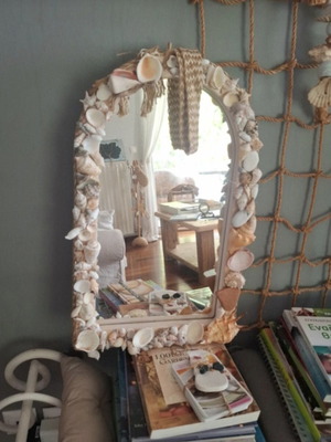 Mirror with seashells handmade, solid wood and linen fabric