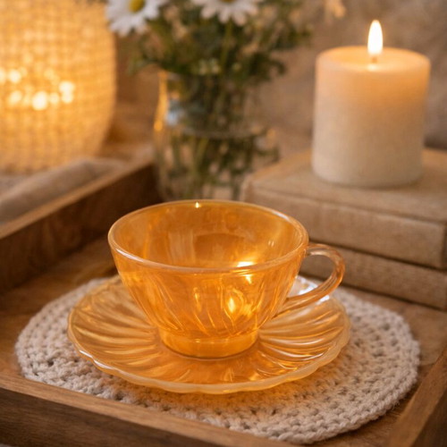 Set of 6 cups and saucers made of iridescent glass like new