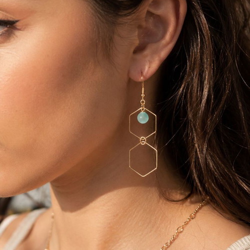 Handmade Sea Glass Hexagon Earrings with Double Gold Hexagons and Blue Bead