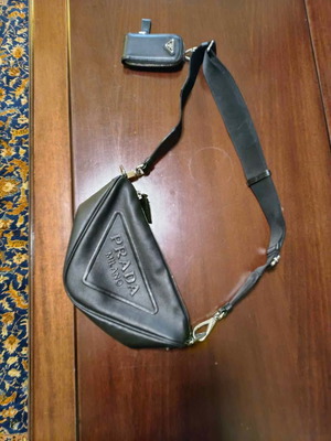 Prada shoulder bag triangular black leather new with key holder