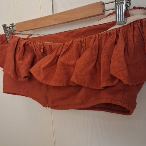 Mind Matter Strapless Crop Top with Ruffles Brick Red like new, size Medium