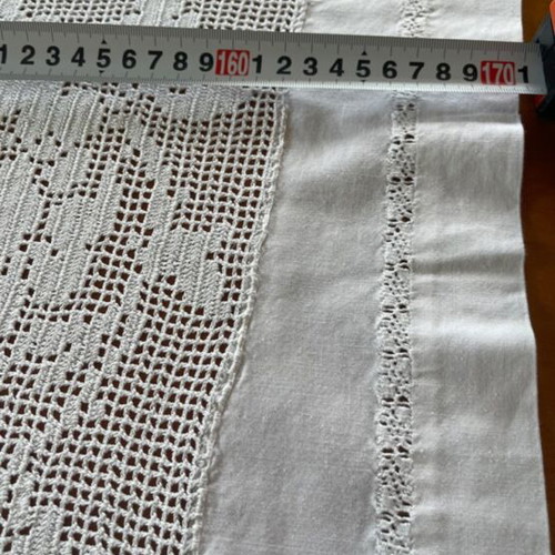 Linen tablecloth handmade with lace and openwork like new