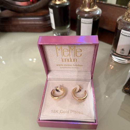 Meme London 18ct Gold Plated Cubic Zirconia Paved Hoop Earrings new, gold