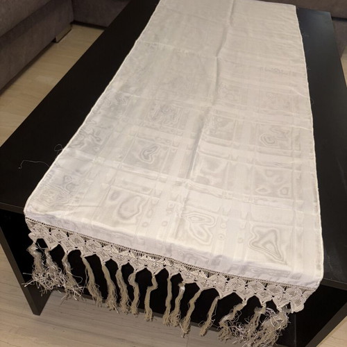 White table runner with woven design and handmade lace fringe, new
