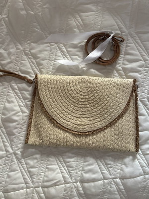 Straw bag clutch new, beige with strap