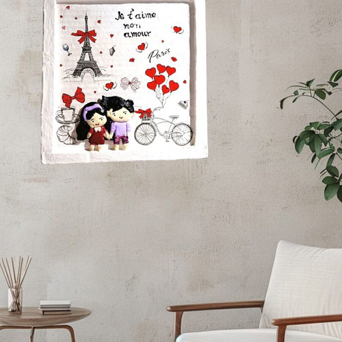 Handmade Saint Valentine frame with loving couple in Paris, new