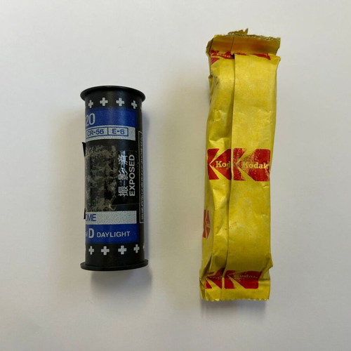 Kodak Pocket Instamatic 110 film cassette and Fuji Chrome RHP 120 film set