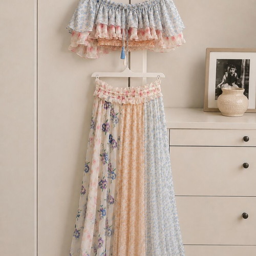 Boho women's set used, skirt and cropped blouse, size S, colorful