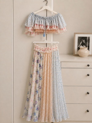 Boho women's set used, skirt and cropped blouse, size S, colorful