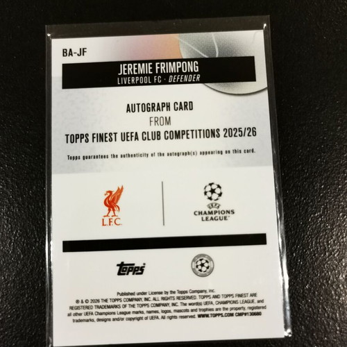 Jeremie Frimpong BA-JF Topps Finest UEFA Club Competitions 2025/26 certified autograph card Liverpool FC