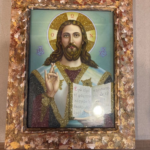 The Eulogon handmade icon with beads and stones with glass and frame new